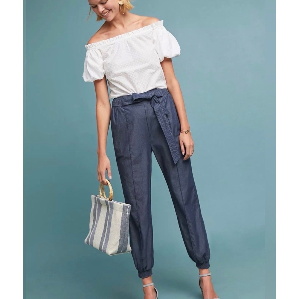 Anthropologie Fisherman Minimalist Coastal Smocked Pants Women XS Preppy Neutral